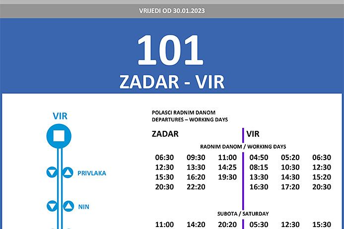 Raspored vožnje autobusa Zadar Vir Zadar linije 101
